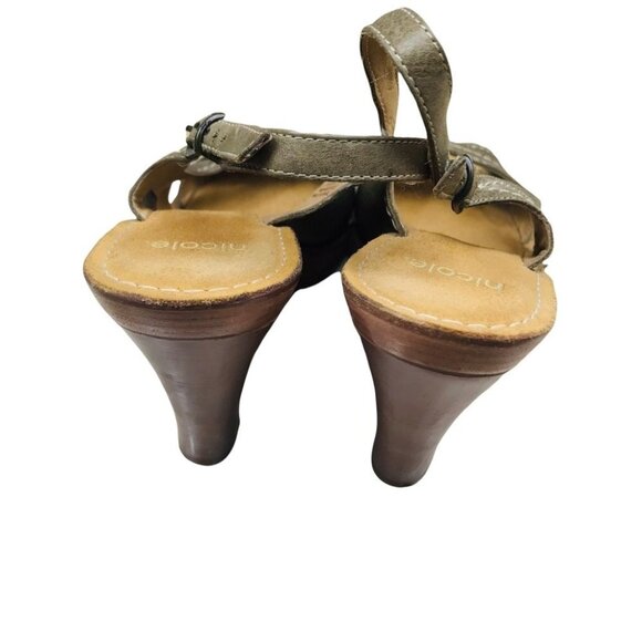 Nicole Lotus Peep Toe Leather Olive wedge Sandals Women size 9.5 - Picture 13 of 15